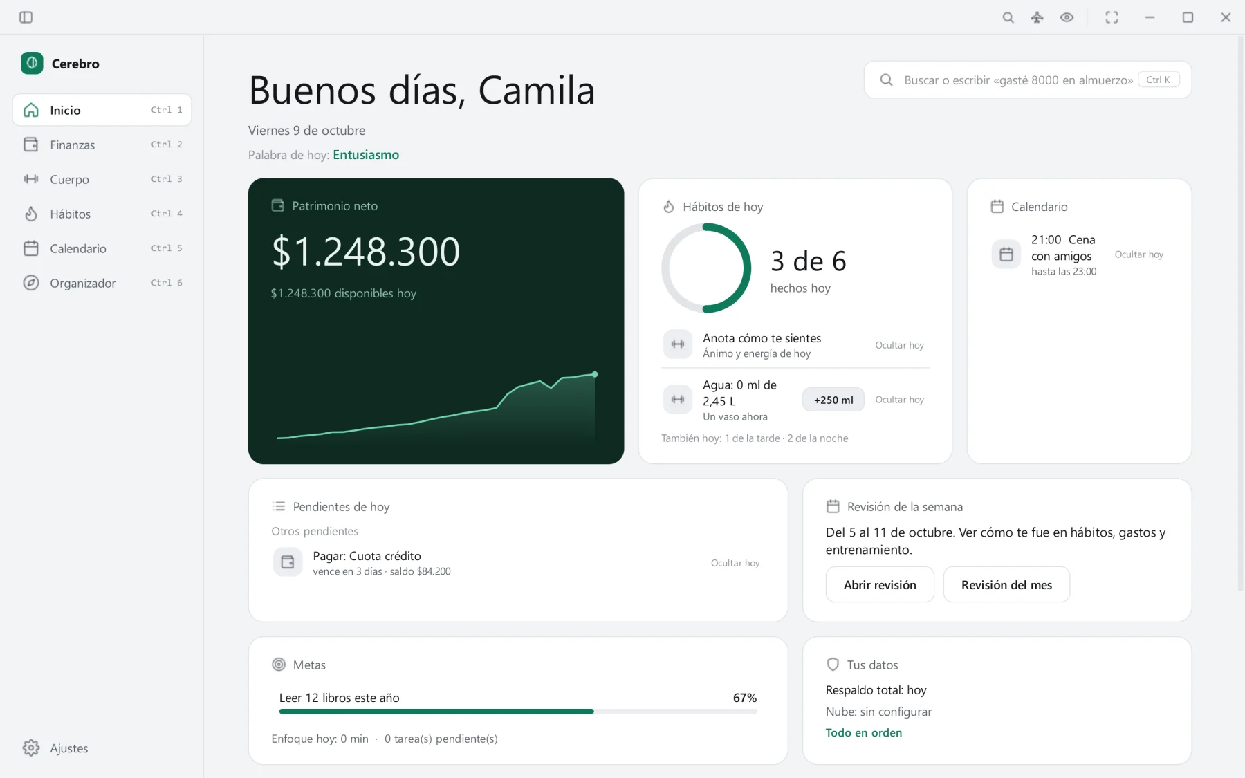 Inicio de Cerebro con patrimonio neto, hábitos y calendario del día.